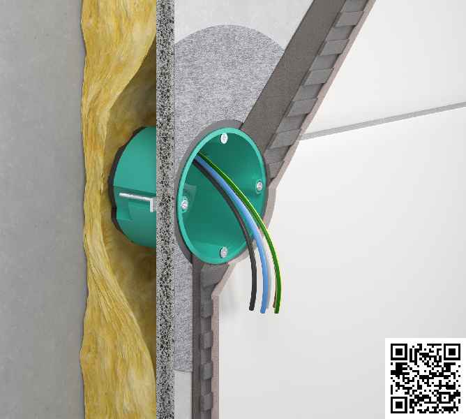 Feuchtraumdosen für die fachgerechte Installation in abgedichteten Innenräumen gemäß DIN 18534. (QR-Code zur Produktanimation auf YouTube) (Foto: KAISER GmbH & Co. KG)