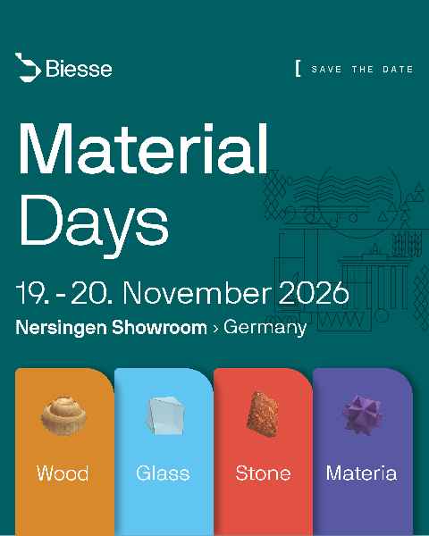 Die Herbstauflage der Material Days findet am 19. und 20. November 2026 im Nersingener Showroom von Biesse statt.