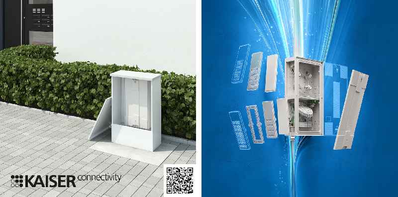 Der modulare Glasfaser-Gebäudeverteiler FlexBox Connect lässt sich variabel als Glasfaser-Abschlusspunkt, Hausübergabepunkt oder Spleißverteiler einsetzen. (QR-Code zur Produktanimation auf YouTube.)
(Foto: KAISER GmbH & Co. KG)