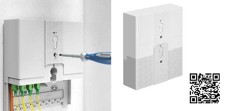 Der Glasfaser-Abschlusspunkt Gf-AP 16 kann auch als Gebäude- oder Etagenverteiler eingesetzt werden. (QR-Code zur Produktanimation auf YouTube.) (Foto: KAISER GmbH & Co. KG)