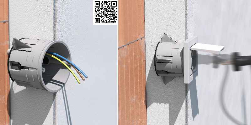 Die Geräte-Verbindungsdose ECON Styro55 für die Installation von Einbaugeräten in bereits bestehenden Wärmedämmverbundsystemen (WDVS). (QR-Code zur KAISER Produktanimation „ECON Styro 55“) (Foto: KAISER GmbH & Co. KG)
