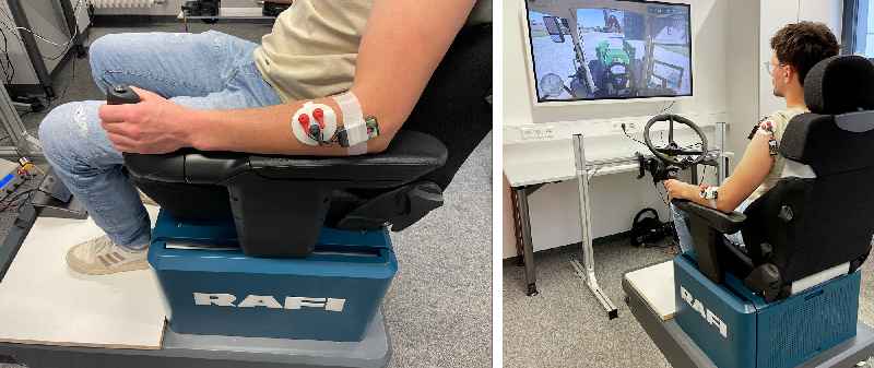 Am RAFI-Simulator werden die muskulären Belastungen bei der Lenkrad- und Joysticklenkung mittels Elektromyografie gemessen. 
Bildquelle: RAFI