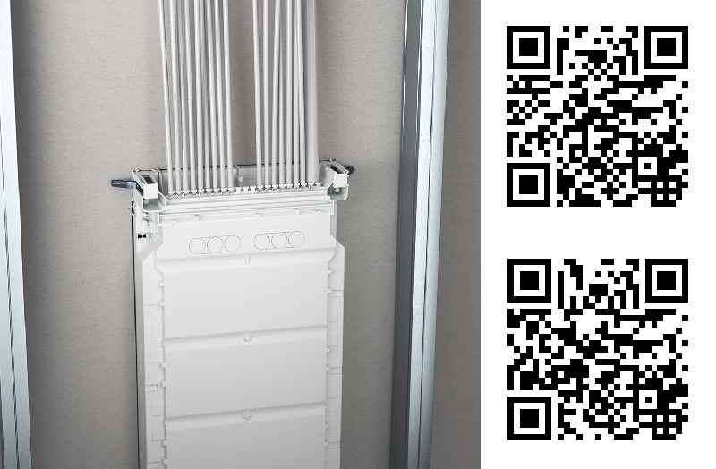 Der neue Zentral-Übergangskasten für den Einsatz in der Werksfertigung und im Ortbeton. 
(QR-Codes zu Produktvideos „Zentral-Übergangskasten für Ortbeton“ und „Zentral-Übergangskasten für Werksfertigung“ auf YouTube.) 
(Foto: KAISER GmbH &